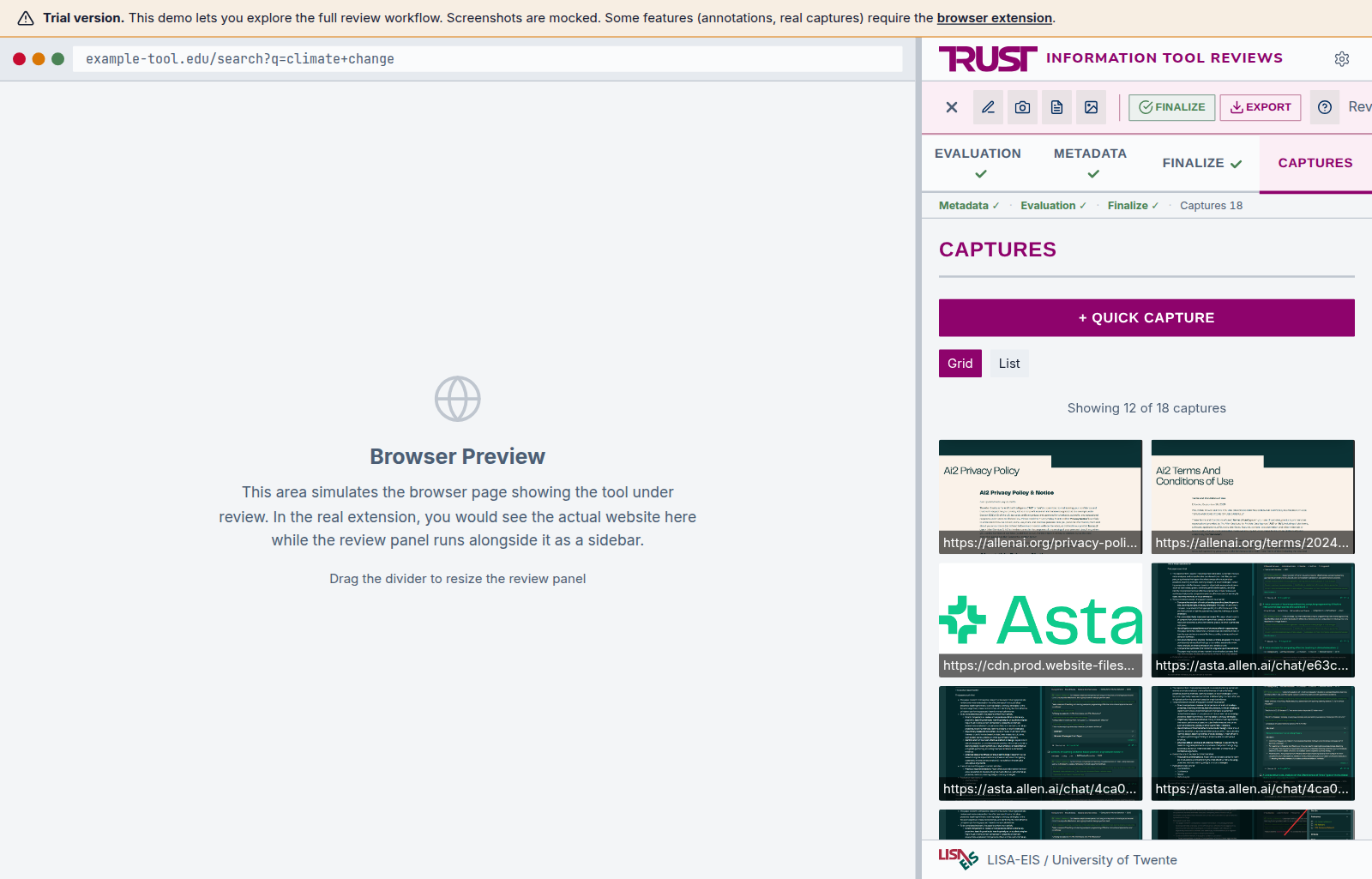 The TRUST web demo showing the captures tab with a grid of evidence screenshots tagged to rubric questions.