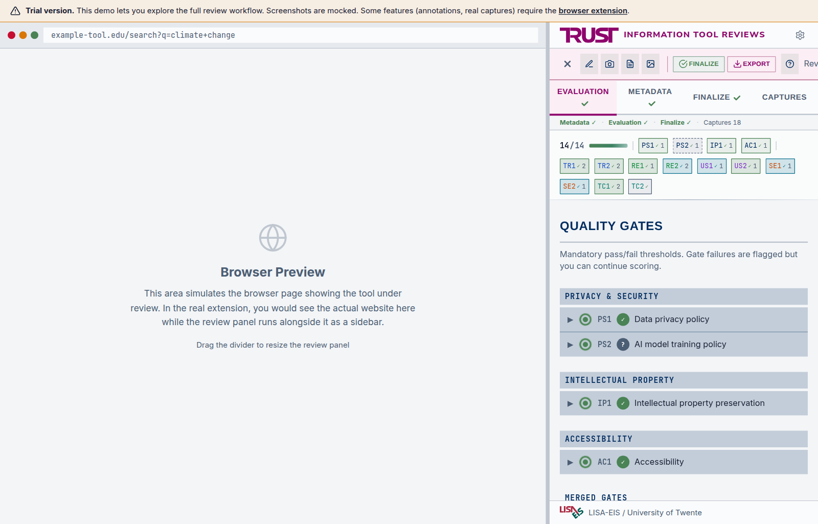 The TRUST web demo showing the evaluation tab: a split view with a simulated browser pane and the review sidebar scoring ai2 Asta against quality gates and rubric questions.